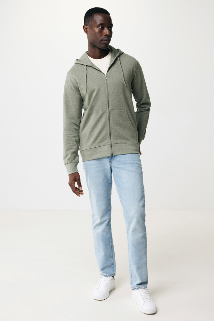 Abisko recycled cotton zip through hoodie, heather green