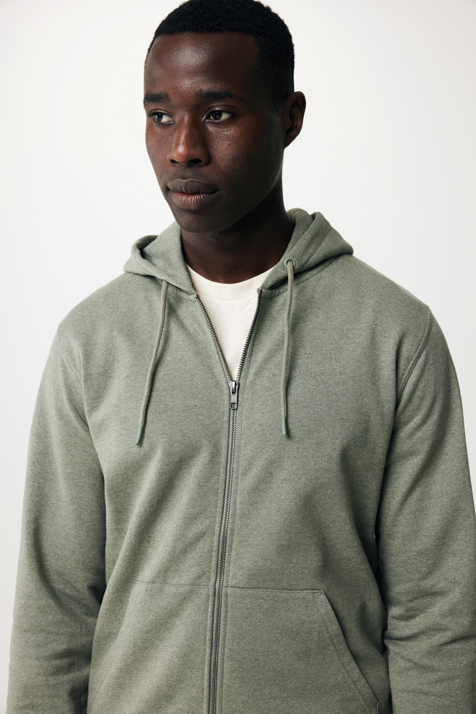 Abisko recycled cotton zip through hoodie, heather green