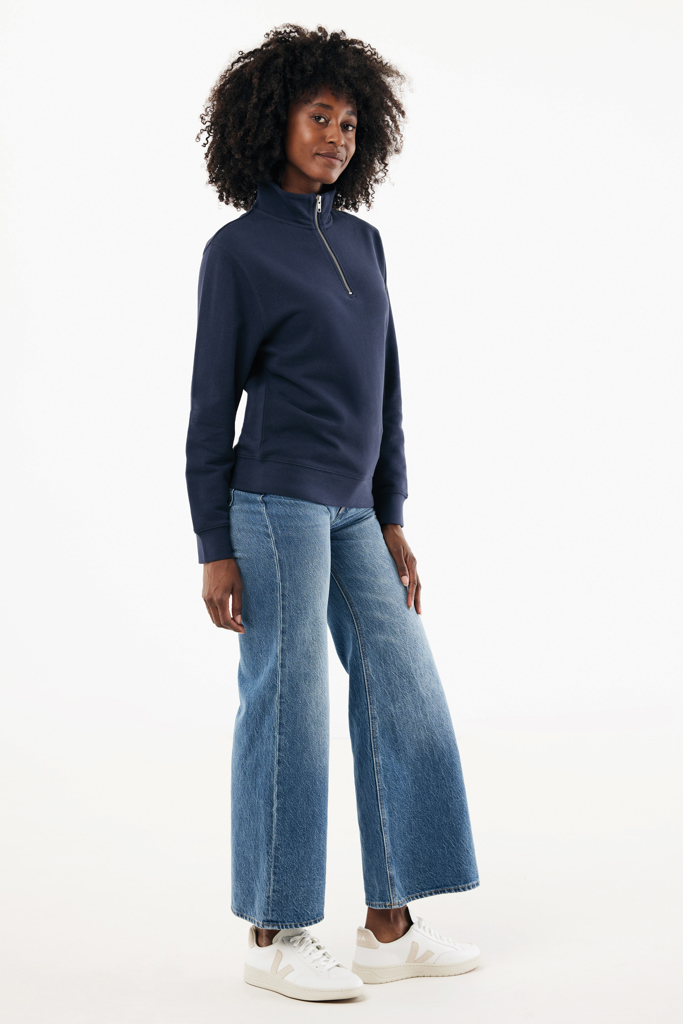 Sweater à col montant zippé en coton recyclé Elgon, bleu mar