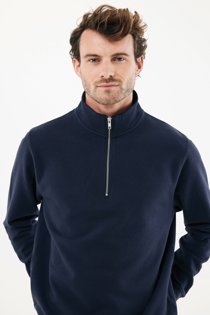 Sweater à col montant zippé en coton recyclé Elgon, bleu mar