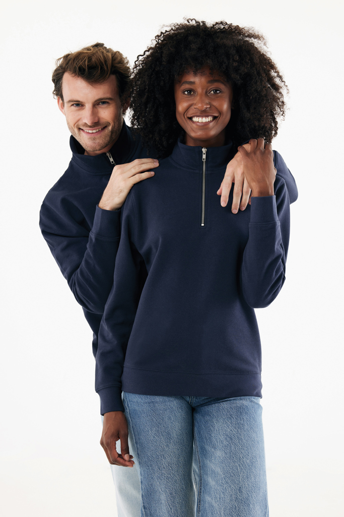 Sweater à col montant zippé en coton recyclé Elgon, bleu mar