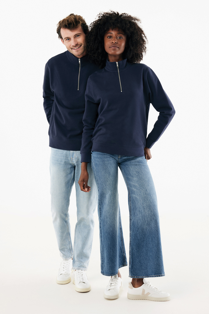 Sweater à col montant zippé en coton recyclé Elgon, bleu mar